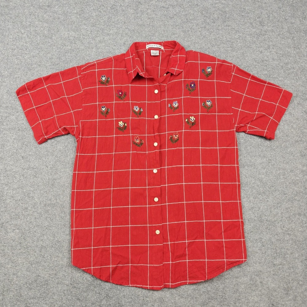 Maggie & Max Shirt Womens Medium Red Embroidered Check Button Front Top